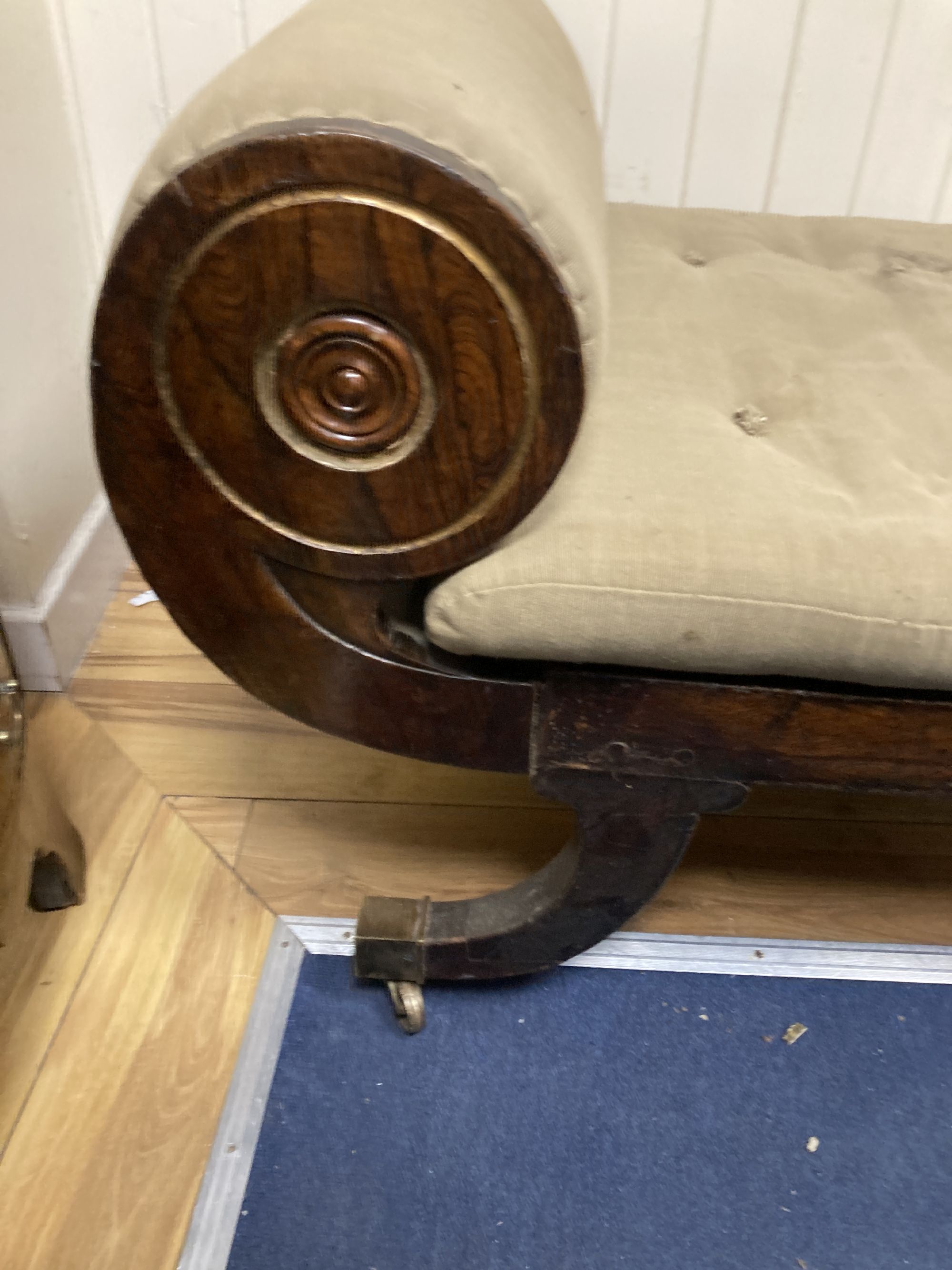 A Regency simulated rosewood upholstered day bed, length 200cm, depth 68cm, height 84cm